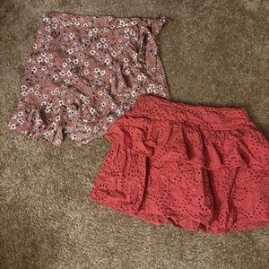 Women’s Mini Skirt Bundle – Express Coral Eyelet + Pink Floral Wrap Skirt
